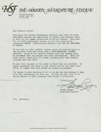 Houston Shakespeare Festival, 1982 Picnic in the Park flier