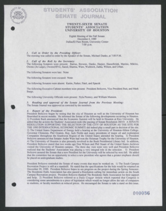 Senate Journal, Vol. 1, Twenty-sixth Senate Students' Association, University of Houston, Eighth Meeting, Fall Senate, December 4, 1989