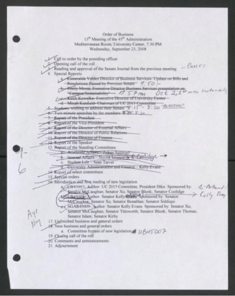 Order of Business [Agenda], 13th Meeting of the 45th Administration, September 23, 2008