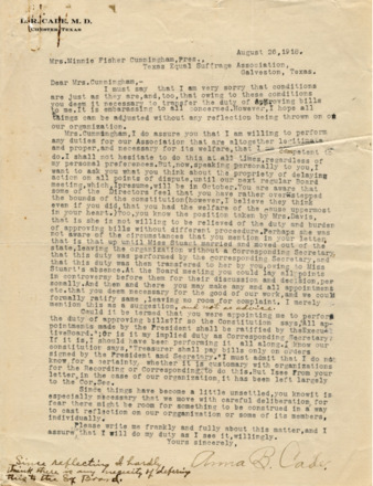 Letter from Minnie Fisher Cunningham to Anna B. Cade, regarding the transfer of expense approval