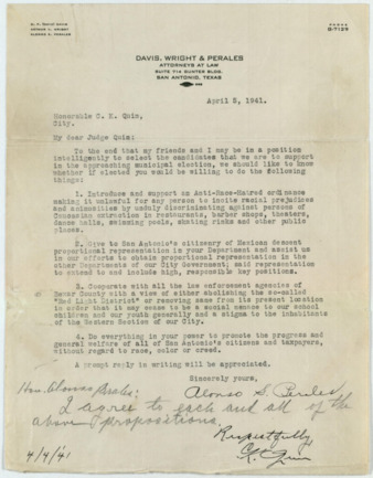 Letter from Alonso S. Perales to C. K. Quinn, 1941 April 5