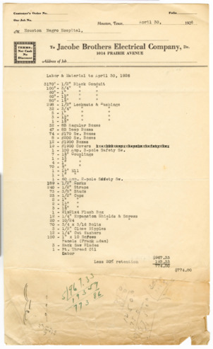 Labor and materials list from Jacobe Bros. Electrical Company