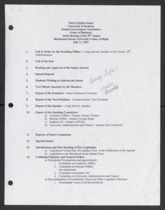 Thirty-eight Senate, University of Houston Student Government Association, Order of Business [Agenda], Sixth Meeting, July 11, 2001