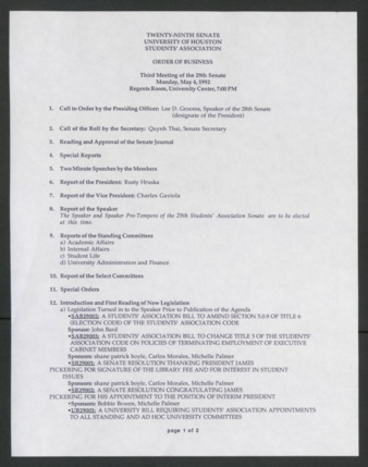 Twenty-ninth Senate, University of Houston, Students' Association, Order of Business, Third Meeting, May 4, 1991