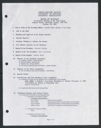 Thirty-second Senate, University of Houston, Students' Association, Order of Business [Agenda], Seventeenth Meeting, October 18, 1995