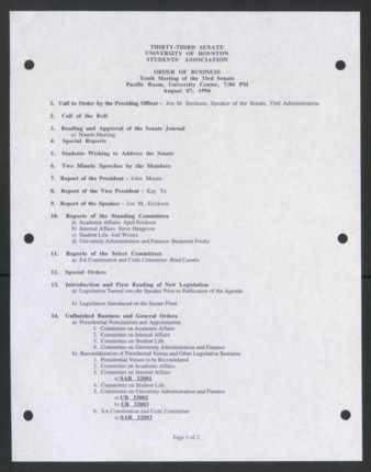 Thirty-third Senate, University of Houston, Students' Association, Order of Business, Tenth Meeting, August 7, 1996