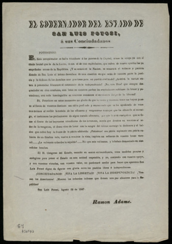 Announcement from the Governor of the State of San Luis Potosi, Ramón Adame, to his fellow-citizens, August 25, 1847