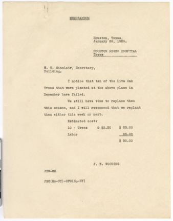 Memorandum from J. E. Wooding to W. T. Sinclair, 1929 January 28
