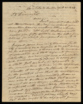 Letter from Stephen F. Austin to T. F. Leaming regarding the seperate statehood of Texas