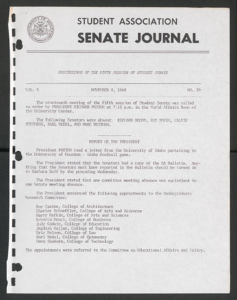 Senate Journal, Fifth Senate, University of Houston Student Government Association, Minutes, Vol. 5, No. 19, November 4, 1968