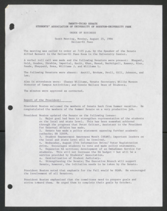 Twenty-third Senate, Students' Association of the University of Houston-University Park, Order of Business [Minutes], Tenth Meeting, August 25, 1986