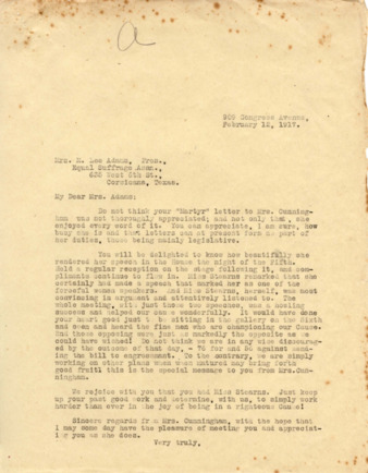 Letter to Mrs. M. Lee Adams, regarding the "Martyr" letter to Mrs. Cunningham