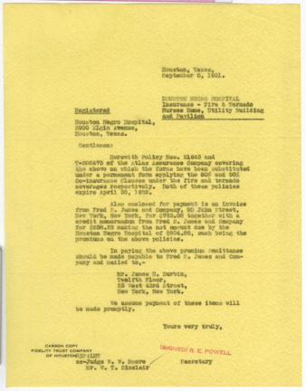 Letter from R. E. Powell to the Houston Negro Hospital, 1931 September 8