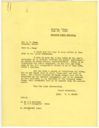Letter from W. W. Moore to W. C. Hogg, 1929 June 27