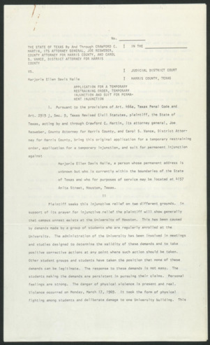Afro-Americans for Black Liberation (AABL), Restraining order, temporary injunction vs Mark Rudd and Marjorie Ellen Davis Haile