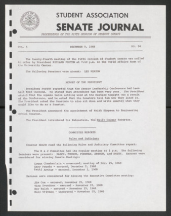 Senate Journal, Fifth Senate, University of Houston Student Government Association, Minutes, Vol. 5, No. 24, December 9, 1968