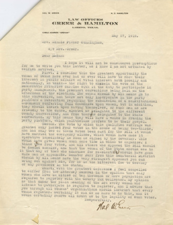 Letter from Hall Greer to Mrs. Minnie Fisher Cunningham, May 27, 1918