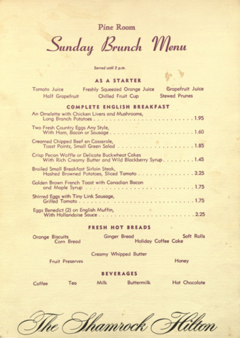 Pine Room Sunday brunch menu