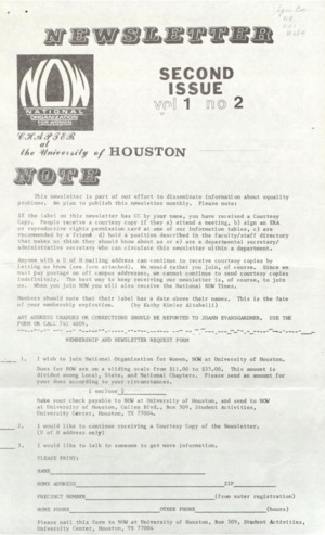 University of Houston NOW Newsletter, Vol. 1, No. 2, July 1981