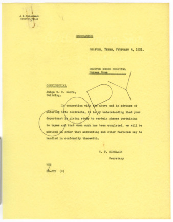 Memorandum from W. T. Sinclair to W. W. Moore, 1931 February 4
