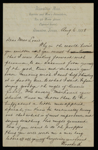 Letter from Brooke Hamilton to Miss Lonie regarding lack of correspondence