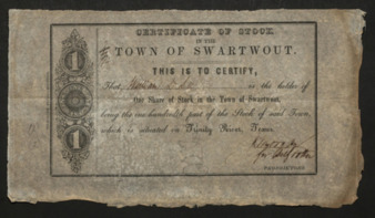 Printed stock certificate, copy 2, for one share of the one hundred shares of the Town of Swartwout