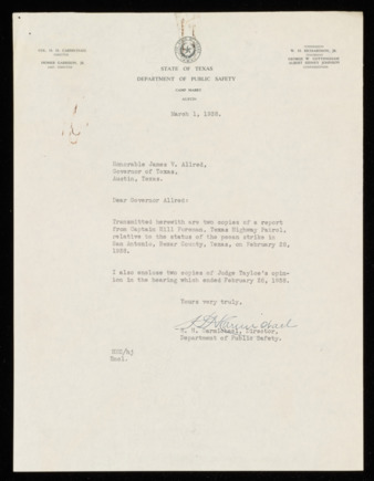 Letter from Horace H. Carmichael to Governor James V. Allred, 1938 March 1