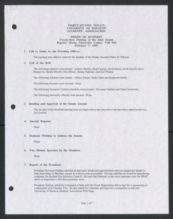 Thirty-second Senate, University of Houston, Students' Association, Order of Business [Minutes], Twenty-first Meeting, February 7, 1996
