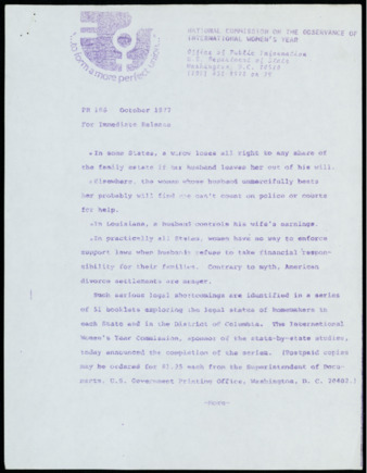 National Commission on the Observance of International Women's Year press release