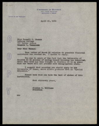 Correspondence between Darnell L. Thomas and Clanton W. Williams, regarding possible financial assistance