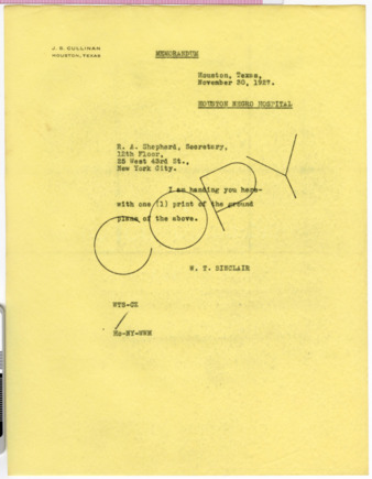 Memorandum from W. T. Sinclair to R. A. Shepherd, 1927 November 30