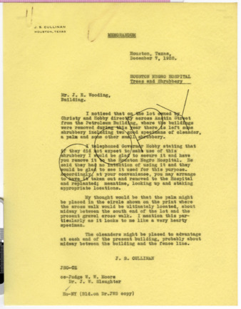 Memorandum from J. S. Cullinan to  J. E. Wooding, 1928 December 7