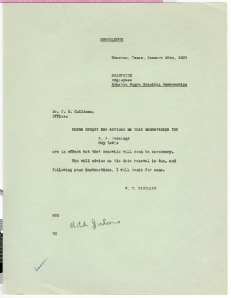 Memorandum from W. T. Sinclair to J. S. Cullinan, 1937 January 28
