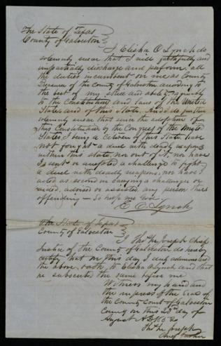 Oath of office for County Treasurer of Galveston