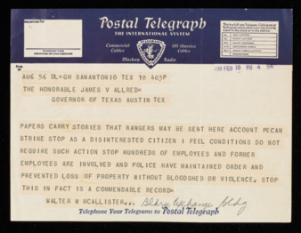 Telegram from Walter W. McAllister to Governor James V. Allred, 1938 February 18