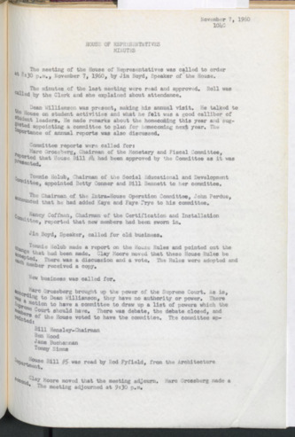 Hardbound Senate Journal, House of Representatives, Minutes, November 7, 1960
