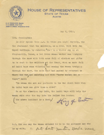 Letter from Honorable T. B. King "King of Erath" to Minnie Fisher Cunningham, offering support for equal suffrage