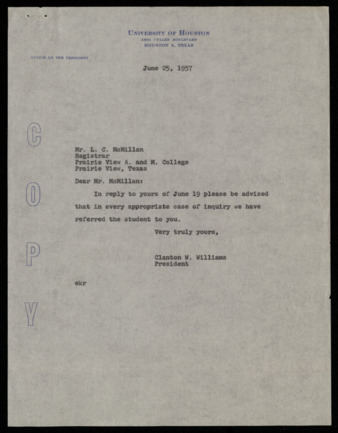 Correspondence between L. C. McMillan and Clanton W. Williams, requesting admission records of "negro" applicants