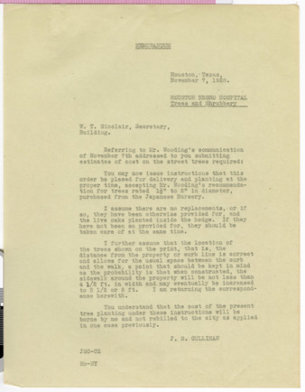 Memorandum from J. S. Cullinan to W. T. Sinclair, 1928 November 7