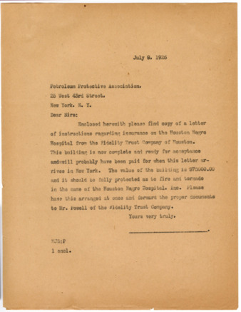 Letter from M. J. Sullivan to Petroleum Protective Association, 1926 July 9