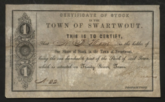 Printed stock certificate for one share of the one hundred shares of the Town of Swartwout