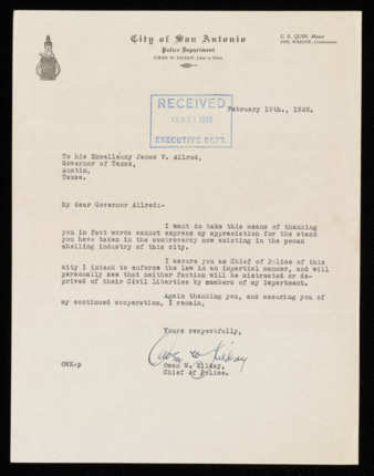 Letter from Owen W. Kilday to Governor James V. Allred, 1938 February 19