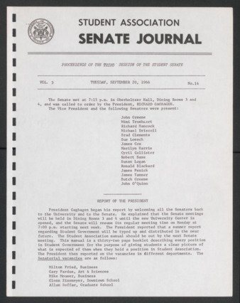 Senate Journal, Third Senate, University of Houston Student Government Association, Minutes, Vol. 3, No. [12], September 20, 1966