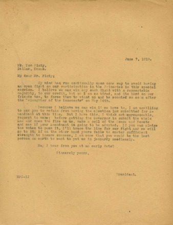 Letter from Minnie Fisher Cunningham to Mr. Tom Finty