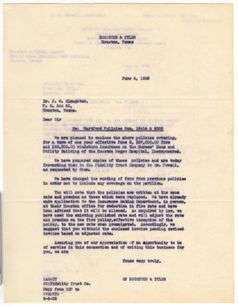 Letter from Houstoun and Tyler to Dr. J. W. Slaughter, 1932 June 4