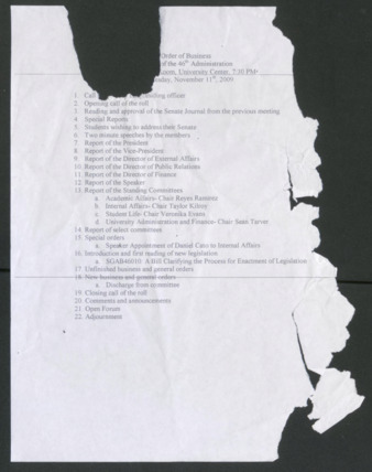 Order of Business [Agenda], 16th Meeting of the 46th Administration, November 11, 2009