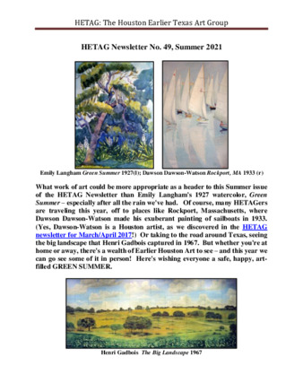 HETAG: The Houston Earlier Texas Art Group Newsletter, No. 49, Summer 2021