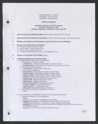 Twenty-seventh Senate, University of Houston, Students' Association, Order of Business, Sixteenth Meeting, October 22, 1990