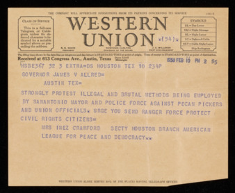 Telegram from Inez Crawford to Governor James V. Allred, 1938 February 10