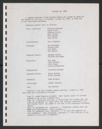 First Senate, University of Houston Student Government Association, Minutes, October 12, 1964